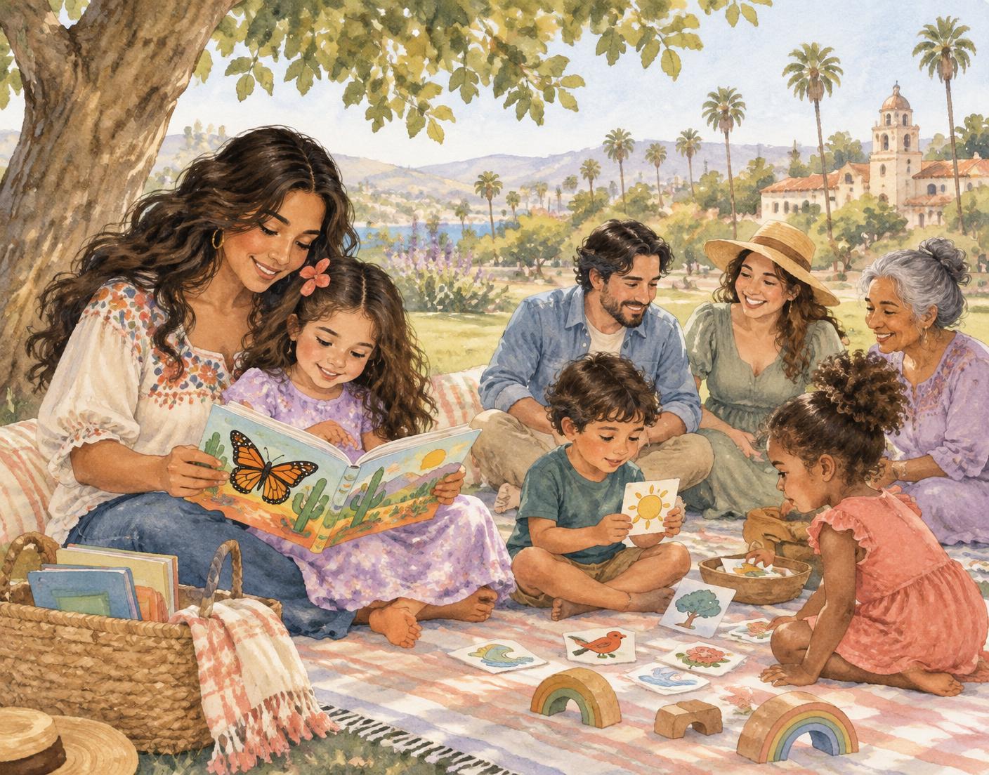 Hand-painted families learning and playing in Spanish together at a Southern California park