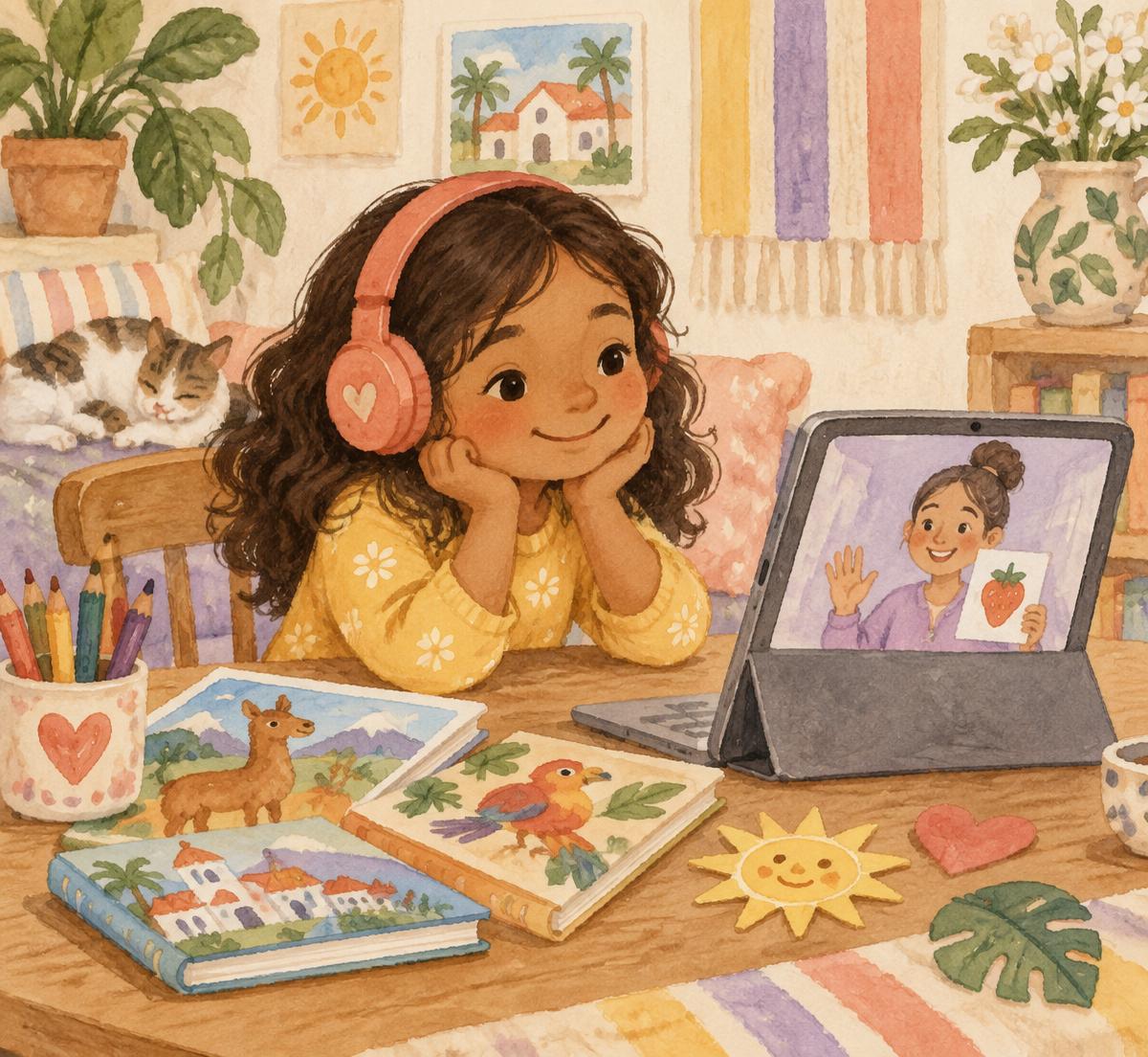 Hand-painted illustration of a child enjoying an online Spanish lesson with books, headphones, and a tablet