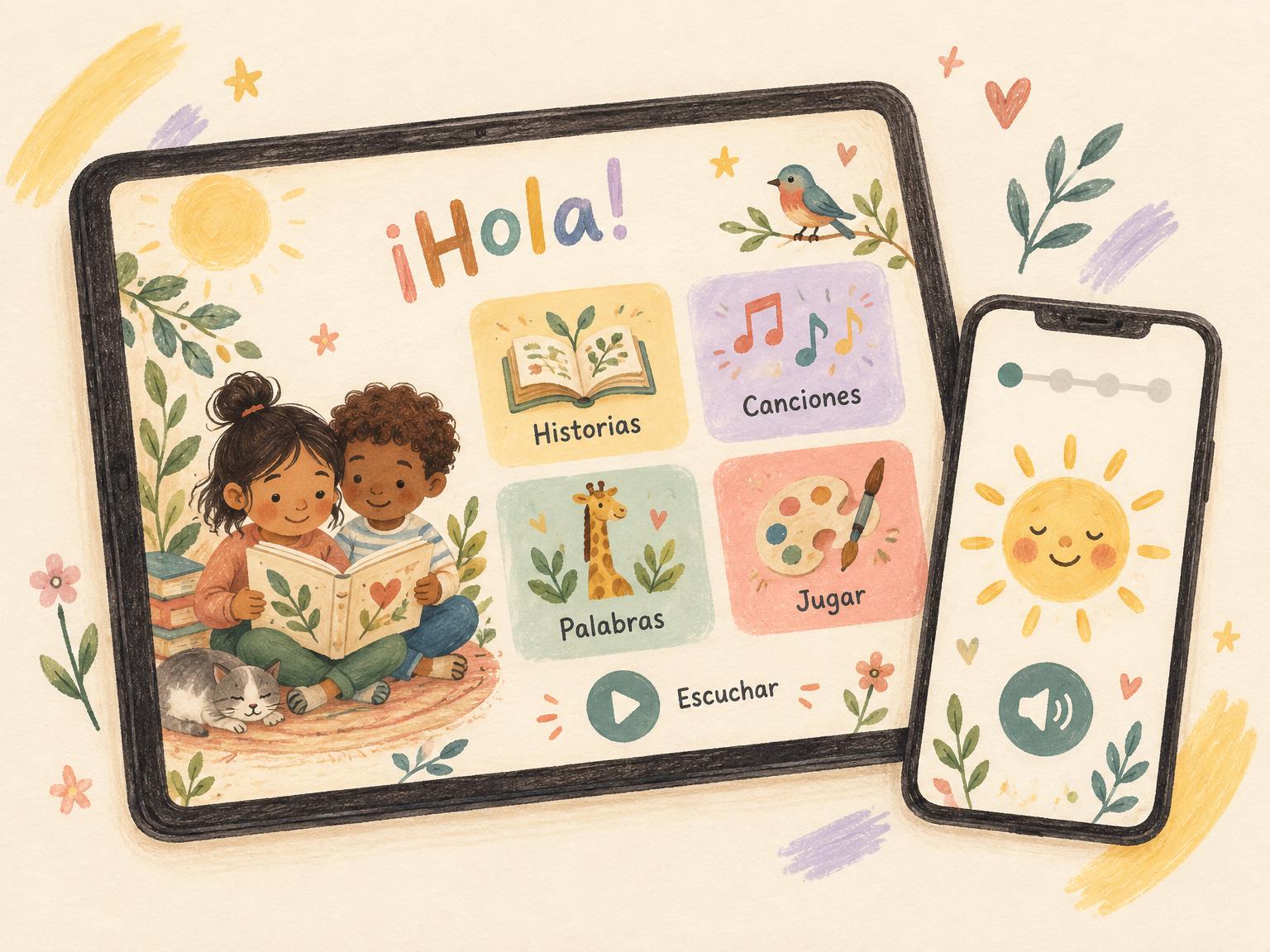 Watercolor tablet and phone preview showing child-friendly Spanish stories, listening, vocabulary, play, and progress activities
